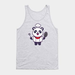 Cute Panda Chef Holding Pan And Spatula Cartoon Tank Top